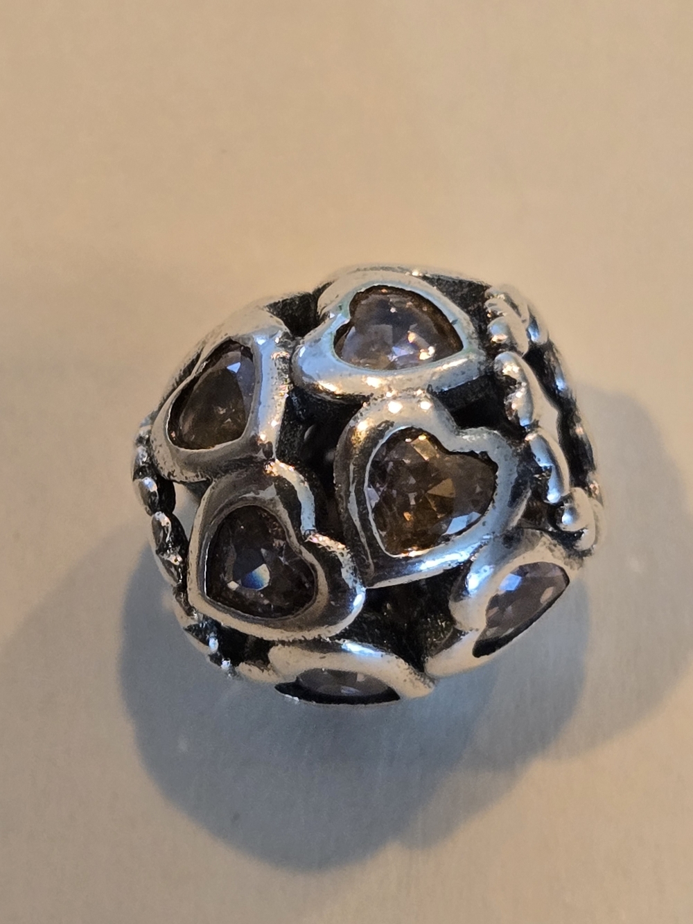 Sterling Silver Heart Charm Bead with Pink Gemstones